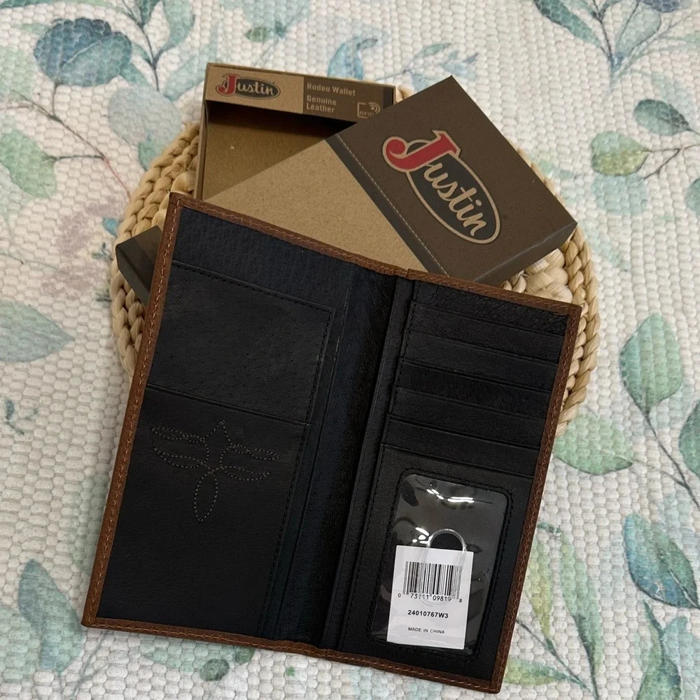 New Justin Boots Dark Brown Slim Bi Fold Leather Jr. Rodeo Wallet NIB